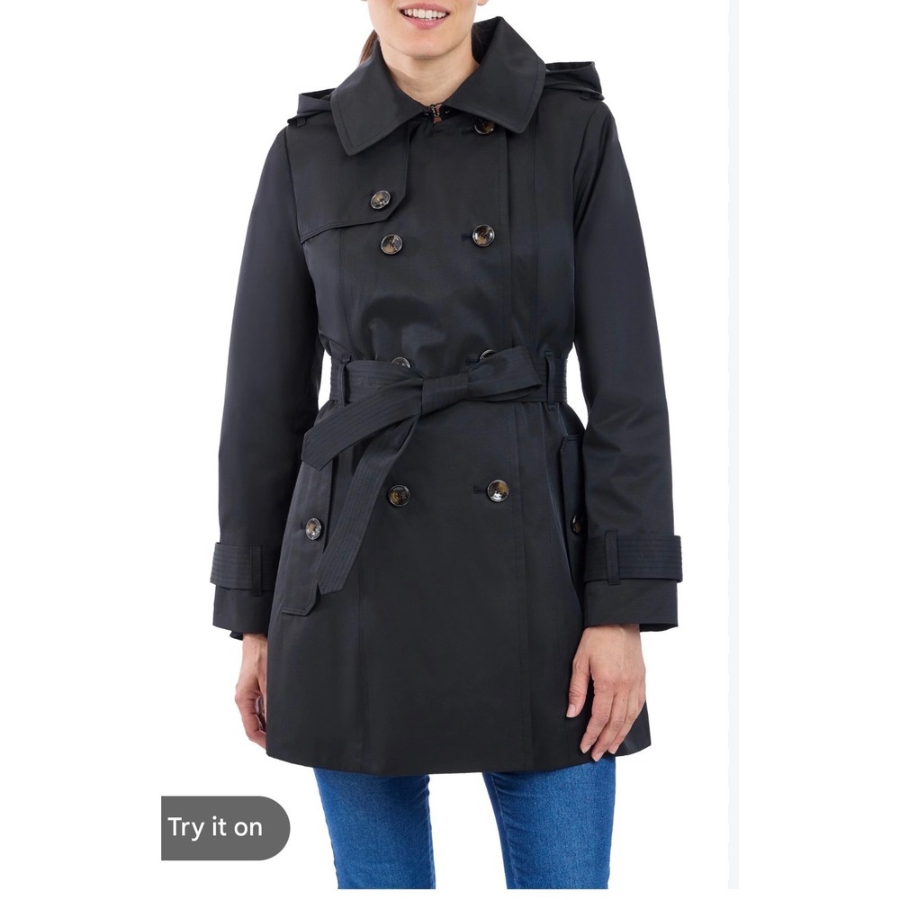 London Fog Collection Black Double Breasted Trench Coat with Hood XS